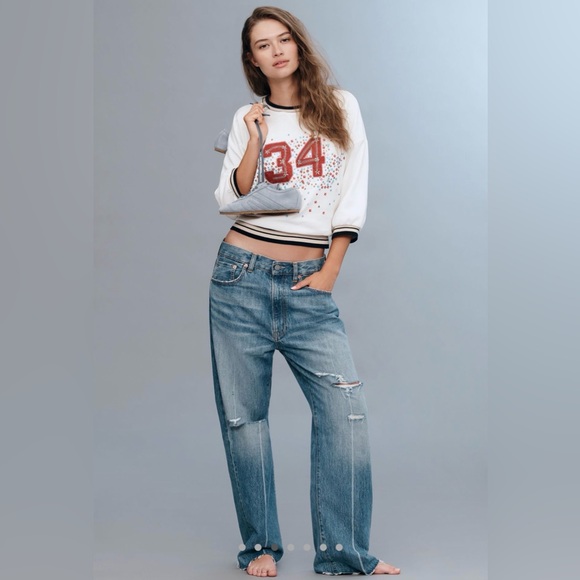 Anthropologie Pilcro Beaded Crewneck Varsity Sweatshirt in White - Picture 2 of 5